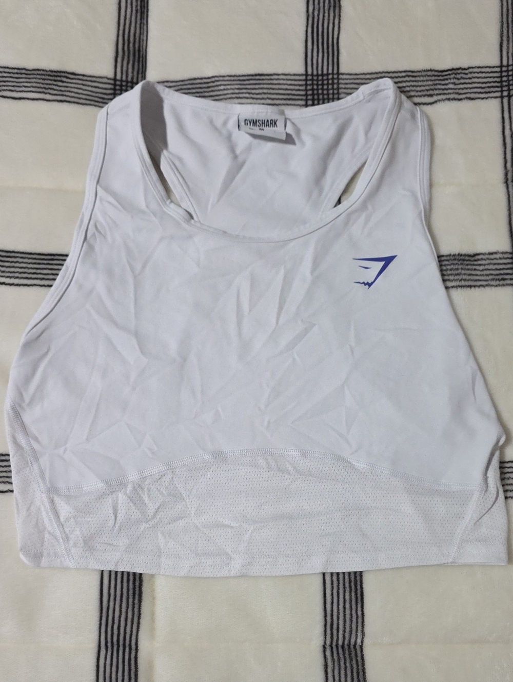 Gymshark White Racerback Mesh-Trim Crop Top with Blue Logo